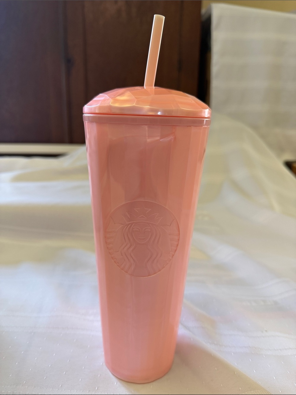 Starbucks Peach-Pink Faceted Latte Tumbler with Straw
